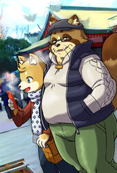  2020 anthro blue_eyes bottomwear brown_body brown_fur canid canine clothing duo electronics eyewear fur glasses green_eyes hi_res holidays male mammal new_year outside overweight overweight_male pants phone raccoon_dog sakusan_kc scarf tanuki tenugui 