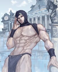  1boy abs architecture battle_tendency bracer eyeshadow head_scarf jojo_no_kimyou_na_bouken kars_(jojo) lace_veil loincloth makeup male_focus muscular muscular_male pelvic_curtain pillar red_eyes revealing_clothes solo statue topless_male yepnean 