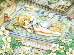  :o animal_ears blush_stickers book bottle bowl branch broken commentary_request doll dress female fetal_position flower fox_ears fox_girl fox_tail from_above hair_over_one_eye hand_fan highres kudamaki_tsukasa leaf legs_together looking_at_viewer lying on_floor on_side one_eye_closed open_book own_hands_together paper paper_fan pebble solo tabi tail tatami touhou uchiwa white_dress white_legwear yellow_eyes ys_(ytoskyoku-57) 