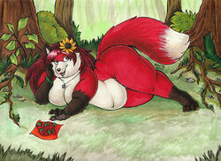  anthro bigladydragon canid canine female flower food fox fruit grass mammal plant shrub solo strawberry sunflower tree 