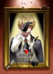  1boy ascot bad_id bad_pixiv_id black_ascot black_blood black_gloves black_jacket blonde_hair blood brooch bug character_name choki collared_shirt commentary dual_persona evil_smile fate/grand_order fate_(series) glasses gloves green_eyes grey_vest hair_between_eyes half_gloves hand_up heterochromia highres jacket jacket_on_shoulders jekyll_and_hyde_(fate) jewelry knife looking_at_viewer male_focus moth parted_lips picture_frame red_eyes shirt short_hair smile solo spotlight stab tearing_up through_medium through_painting uneven_eyes unworn_eyewear upper_body vest white_shirt wide-eyed 