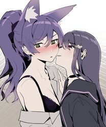  2girls @_@ animal_ear_fluff animal_ears black_bra black_choker black_hoodie blush bra breasts choker fox_ears fox_girl green_eyes grey_shirt hair_between_eyes hair_ornament hairclip height_difference highres hood hoodie illian-san imminent_kiss ksp_(vtuber) large_breasts long_hair long_sleeves looking_at_another meridian_project multiple_girls nose_blush off_shoulder open_clothes open_shirt parted_lips ponytail purple_hair seductive_smile seki_(vtuber) shirt single_bare_shoulder smile underwear virtual_youtuber yuri 