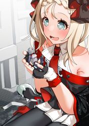  2girls absurdres black_pantyhose blue_eyes commission ert_raitsui fingerless_gloves giant giantess girls&#039;_frontline gloves green_eyes grey_hair hair_over_one_eye highres light_blush long_hair mg5_(girls&#039;_frontline) mp5_(girls&#039;_frontline) multiple_girls open_mouth pantyhose pleated_skirt second-party_source short_hair sitting size_difference skeb_commission skirt smile white_hair white_skirt 