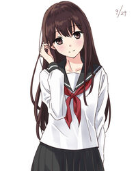  akagi_(kancolle) alternate_costume bad_id bad_twitter_id black_skirt blush brown_eyes brown_hair dated female kantai_collection kurage1 long_hair looking_at_viewer neckerchief pleated_skirt red_neckerchief sailor_collar school_uniform serafuku simple_background skirt smile solo white_background 