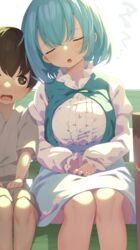  1boy age_difference aqua_skirt aqua_vest bench black_hair blue_hair blush breasts brown_eyes buttons center_frills closed_eyes drooling feet_out_of_frame female frills high-waist_skirt large_breasts long_sleeves open_mouth piyodesu shirt short_hair sitting skirt tatara_kogasa touhou white_shirt 