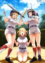  3girls :d :o baseball_bat baseball_helmet black_footwear black_hair blonde_hair blunt_bangs bow breasts cleats dated day gloves green_eyes hairbow hand_on_another&#039;s_thigh hand_up helmet high-waist_shorts highres holding holding_baseball_bat kawaguchi_yoshino kneehighs kneeling long_hair medium_breasts multiple_girls muscle_envy nakamura_nozomi_(tamayomi) oomura_shiragiku open_mouth oshiyon outdoors ponytail red_legwear shadow shirt short_sleeves shorts smile socks sportswear standing tamayomi two_side_up watermark white_gloves white_shirt white_shorts 