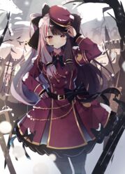  armband belt bird black_belt black_bow black_hair black_ribbon blush bow breasts closed_mouth cowboy_shot female grey_sky hair_ribbon hand_on_own_hip hat highres long_hair long_sleeves looking_at_viewer military military_uniform multicolored_hair nekopote nijisanji outdoors peaked_cap red_eyes red_hair ribbon sky smile snow solo split-color_hair standing streaked_hair two-tone_hair uniform very_long_hair virtual_youtuber white_hair yorumi_rena yorumi_rena_(2nd_costume) 