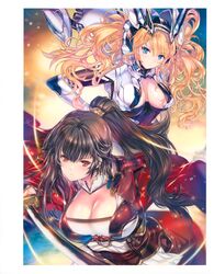  2girls absurdres blonde_hair blue_eyes breasts brown_eyes brown_hair cleavage closed_mouth commentary eshi_100_nin_ten gradient_background hair_ornament headgear highres holding holding_sword holding_weapon japanese_clothes katana long_hair long_sleeves looking_at_viewer medium_breasts min-naraken multiple_girls original ponytail scan serious shiny_skin simple_background sword tied_hair weapon wide_sleeves 