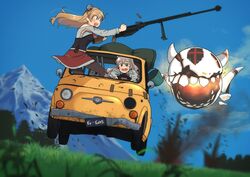  2girls abyssal_ship annin_musou anti-materiel_rifle bad_id bad_twitter_id black_pantyhose blonde_hair braid brown_eyes brown_hair bucket car castle_of_cagliostro corset day driving enemy_aircraft_(kancolle) fiat fiat_500 french_braid gun hat holding holding_gun holding_weapon kantai_collection long_hair long_sleeves lupin_iii mini_hat motor_vehicle mountain multiple_girls outdoors pantyhose parody pola_(kancolle) ptrs-41 red_skirt rifle shirt skirt sniper_rifle tree vehicle_focus wavy_hair weapon white_headwear white_shirt zara_(kancolle) 