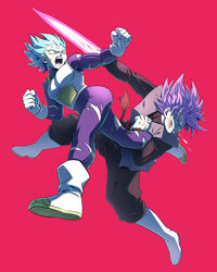  2boys absurdres anger_vein armor battle bodysuit boots chinese_commentary clenched_hands commentary dragon_ball dragon_ball_super fighting gloves goku_black highres male_focus multiple_boys open_mouth purple_hair shumai_(sm318) simple_background spiked_hair spitting super_saiyan super_saiyan_blue super_saiyan_rose teeth tongue torn_bodysuit torn_clothes vegeta white_footwear white_gloves 