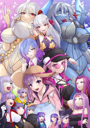  6+girls animal_hood bandage_over_one_eye bandages bb_(fate) bb_(fate/extra) black_dress black_headwear blue_eyes blue_hair blue_overalls blue_skin breasts cabbie_hat cerejeira_elron closed_mouth collar colored_skin commentary detached_sleeves dress durga_(fate) earrings extra_arms fairy_wings fate/grand_order fate_(series) flower forehead_tattoo gorgon_(fate) gradient_hair green_eyes hair_between_eyes hair_flower hair_ornament hair_over_one_eye hair_ribbon hat highres holding hood hood_down hood_up hoodie index_finger_raised indian_clothes japanese_clothes jewelry kali_(fate) kama_(fate) kasuga_no_tsubone_(fate) kikyouta kimono kingprotea_(fate) large_breasts long_hair looking_at_viewer looking_up matou_sakura medusa_(fate) medusa_(lancer)_(fate) medusa_(rider)_(fate) medusa_(saber)_(fate) meltryllis_(fate) meltryllis_(swimsuit_lancer)_(fate) multicolored_hair multiple_girls murian_(fate) neck_ribbon necktie one_eye_closed one_eye_covered open_mouth overalls parvati_(fate) passionlip_(fate) penguin_hood pink-tinted_eyewear pink_eyes pink_flower pink_hair pink_hoodie pink_kimono pink_necktie pink_ribbon ponytail purple_eyes purple_hair red_eyes red_ribbon revealing_clothes ribbon round_eyewear short_hair smile straight_hair straw_hat sunglasses sweatdrop tattoo teeth tinted_eyewear tongue tongue_out trait_connection upper_teeth_only very_long_hair white_hair wings 