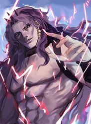  1boy battle_tendency earrings electricity eyeshadow horns jewelry jojo_no_kimyou_na_bouken kars_(jojo) long_hair makeup male_focus manly muscular muscular_male red_eyes red_lightning solo topless_male wavy_hair yepnean 