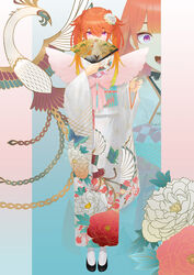  bird chicken female floral_print folding_fan full_body gradient_hair hand_fan holding holding_fan hololive hololive_english huke japanese_clothes kimono multicolored_hair obi official_alternate_costume official_art orange_hair paper_fan phoenix pink_eyes sash takanashi_kiara takanashi_kiara_(new_year) twintails virtual_youtuber white_kimono wide_sleeves 