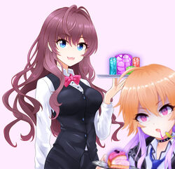  2girls :3 @_@ ahoge bare_shoulders black_vest blue_eyes blue_necktie blush bow bowtie brown_hair buttons cake choker commentary_request eva_16-gouki food hair_between_eyes highres ichinose_shiki idolmaster idolmaster_cinderella_girls long_hair long_sleeves looking_at_viewer multicolored_hair multiple_girls necktie ninomiya_asuka open_mouth pink_bow pink_bowtie plate purple_eyes purple_hair red_bow shirt simple_background smile spoon tray two-tone_hair vest wavy_hair white_shirt 