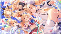  5girls ahoge animal_hands ass azur_lane blonde_hair breasts clone detached_sleeves eldridge_(azur_lane) eldridge_(holy_night&#039;s_embrace)_(azur_lane) eldridge_(kitty_idol)_(azur_lane) eldridge_(new_year&#039;s_outing)_(azur_lane) eldridge_(the_inquisitive_recluse)_(azur_lane) facial_mark gloves hair_ornament hairclip kedama_milk loading_screen long_hair long_sleeves multiple_girls multiple_persona musical_note musical_note_hair_ornament navel official_alternate_costume official_art paw_gloves puffy_long_sleeves puffy_sleeves small_breasts thighhighs twintails very_long_hair white_sleeves white_thighhighs 