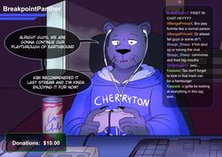  anthro beastars beverage beverage_can black_body black_fur blue_clothing blue_hoodie blue_topwear camera_view chair chat chat_box clothed clothing computer_keyboard computer_mouse controller cord dialogue drawer earbuds electronics english_text felid fur furniture game_console game_controller gaming headphones hi_res holding_controller holding_game_controller holding_object hoodie keyboard livestream looking_at_viewer male mammal melanistic monotone_earbuds monotone_headphones mouse_pad nintendo nintendo_console nintendo_controller pantherine playing_video_game retro_console retro_controller sitting smile solo speech_bubble streaming super_famicom super_famicom_console super_famicom_controller super_nintendo table tao_(beastars) text that1greenbro topwear twitch.tv white_earbuds white_headphones wired_controller wired_headphones wired_mouse 