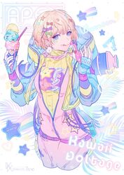  animification apex_legends backpack bag blue_eyes blue_gloves blue_jacket bodysuit bow breasts character_name cropped_legs decora eyebrows_hidden_by_hair female food gloves green_bow hair_behind_ear hairbow highres holding holding_food holding_stuffed_toy hood hooded_jacket ice_cream ice_cream_cone jacket kawaii_voltage_wattson looking_at_viewer mizutama_(mao11260510) nessie_(respawn) open_hand pink_bodysuit purple_bow rainbow red_bow ribbed_sweater small_breasts solo spoon star_(symbol) stuffed_toy sweater wattson_(apex_legends) yellow_sweater yume_kawaii 