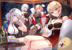  4girls :o absurdres alcohol apple_t_(ringotyasan) arm_strap azur_lane bare_shoulders bird black_choker black_coat black_dress black_gloves black_necktie blonde_hair blue_eyes blush bottle bow bracelet braid breasts brown_bow brown_eyes chick choker cleavage closed_mouth coat coat_on_shoulders collarbone covered_navel crossed_legs crown_braid cup dress drinking_glass eagle_union_(emblem) earrings english_commentary feather_boa flute gloves gradient_hair grand_piano grey_hair hair_between_eyes hair_ornament hairbow half_gloves halter_dress halterneck hand_up highres holding holding_cup holding_instrument holding_paper howe_(azur_lane) howe_(evening_marvels)_(azur_lane) instrument jewelry large_breasts long_dress long_hair looking_at_viewer manjuu_(azur_lane) mole mole_on_breast multicolored_hair multiple_girls necktie night official_alternate_costume paper parted_lips piano red_hair roon_(azur_lane) roon_(viridescent_lullaby)_(azur_lane) short_dress short_hair sidelocks sitting skindentation sleeveless sleeveless_dress smile standing streaked_hair thighhighs tight_clothes tight_dress tirpitz_(a_vase_for_the_frost_flower)_(azur_lane) tirpitz_(azur_lane) underboob vambraces washington_(azur_lane) washington_(jubilant_smile)_(azur_lane) white_dress white_hair wine wine_bottle wine_glass zettai_ryouiki 