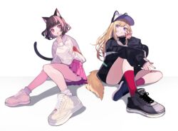  2girls animal_ears animal_hat baggy_clothes baseball_cap black_footwear black_jacket blonde_hair blue_eyes brown_hair cat_ears cat_tail claw_pose dog_tail fashion finger_to_mouth hat highres jacket kmnz long_hair mc_lita mc_liz multiple_girls pink_eyes pink_skirt pleated_skirt reebok short_hair shugao sitting skirt streetwear sweater tail virtual_youtuber white_background white_footwear white_sweater 