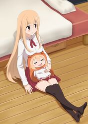  2girls absurdres against_bed bed black_thighhighs blonde_hair blush_stickers breast_rest breasts breasts_on_head brown_eyes chibi closed_eyes commentary_request crossed_legs doma_umaru dual_persona flatfield hair_between_eyes hamster_hood height_difference highres himouto!_umaru-chan komaru_(himouto!_umaru-chan) leaning_back long_hair looking_away medium_breasts multiple_girls open_mouth pillow red_skirt school_uniform shiny_skin shirt sitting sitting_on_lap sitting_on_person size_difference skirt sleeping smile thighhighs white_shirt wooden_floor zettai_ryouiki 