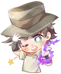  1boy adjusting_clothes adjusting_headwear brown_hair chibi commentary florakinesis gloves green_eyes hat hermit_purple jojo_no_kimyou_na_bouken joseph_joestar joseph_joestar_(old) joseph_joestar_(young) male_focus official_alternate_costume one_eye_closed plant sky_kiki solo stand_(jojo) stardust_crusaders thorns vines white_gloves 