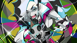  1boy belt black_hair commentary_request cropped_jacket dabu_(dabuchan) gloves hair_over_one_eye highres holding holding_microphone jacket long_hair male_focus microphone multicolored_hair music open_mouth piers_(pokemon) pokemon pokemon_swsh singing solo sparkle teeth tongue two-tone_hair white_hair white_jacket 