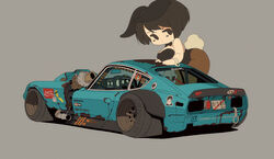  animal_ears bent_over black_eyes black_hair breasts car champion_(company) chibi coca-cola comme_des_garcons datsun datsun_240z fake_animal_ears female highres large_breasts motor_vehicle nissan_fairlady_z original playboy_bunny rabbit_ears rabbit_tail rikona short_hair solo sports_car stance_(vehicle) sticker tail vehicle_focus 