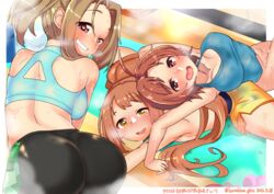  3girls absurdres back blonde_hair blue_sports_bra blush breasts brown_hair check_commentary cleavage collarbone commentary_request covered_nipples dripping exercising floor from_above heart heart-shaped_pupils heavy_breathing highres idolmaster idolmaster_cinderella_girls indoors kurushima_gire large_breasts long_hair looking_at_viewer looking_back manabe_itsuki mat multiple_girls no_pants on_floor one_eye_closed open_mouth parted_bangs pink_eyes ponytail red_eyes saito_yoko short_hair shorts signature sleeveless smile sports_bra stain steam stretching sweat sweaty_clothes symbol-shaped_pupils tank_top topless towel wakabayashi_tomoka wet wet_hair yellow_eyes yoga_mat 