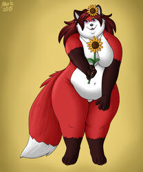  5:6 anthro bigladydragon breasts canid canine featureless_breasts female flower fox hair mammal plant solo sunflower 