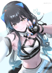  aqua_hair armpits black_hair blush breasts cleavage commentary_request crop_top detached_sleeves dutch_angle female fingerless_gloves fingernails gloves gradient_hair heart highres idolmaster idolmaster_shiny_colors long_hair looking_at_viewer mayuzumi_fuyuko medium_breasts multicolored_hair nail_polish navel partial_commentary paw_pose powder_is_kona selfie simple_background smile solo triangle_ring twitter_username very_long_hair 