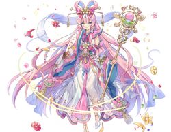  bow cropped flowers headdress japanese_clothes kurokishi_to_shiro_no_maou long_hair pink_eyes pink_hair staff white yeonwa 