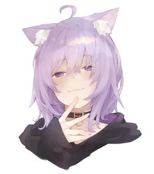  :3 ahoge animal_collar animal_ear_fluff animal_ears black_collar black_hoodie cat_ears cat_girl closed_mouth collar commentary_request crossed_bangs female finger_to_own_chin fingernails hair_between_eyes highres hololive hood hood_down hoodie kase_(kurimuzone_oruta) looking_at_viewer nekomata_okayu nekomata_okayu_(1st_costume) portrait purple_eyes purple_hair short_hair simple_background smile solo virtual_youtuber white_background 