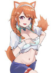  alternate_breast_size alternate_costume alternate_hairstyle animal_ears artist_name bikini bikini_under_clothes braid breasts cat_ears choker cleavage cleavage_cutout clothing_cutout collarbone crop_top eyelashes female fingernails fox_tail green_bikini green_choker hairband hand_on_own_chest hand_on_own_hip hand_up highres hololive hololive_english kairukero kfp long_hair long_tail looking_at_viewer low-braided_long_hair low-tied_long_hair midriff mismatched_bikini navel official_alternate_costume open_fly open_mouth orange_hair plaid red_bikini red_eyes shirt shorts shorts_rolled_up sidelocks simple_background solo swimsuit tail takanashi_kiara takanashi_kiara_(casual) twin_braids twintails virtual_youtuber white_background white_shirt wrist_cuffs 