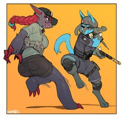  alternate_species anthro ash_(rainbow_six) beret black_body black_fur blue_body blue_byte_(game_developer) blue_eyes blue_fur braided_hair caveira clothing duo fbi female fur furrification generation_4_pokemon generation_5_pokemon gun hair hand_spike handgun hat headgear headwear hi_res kambo knee_guards leg_strap lucario lucaveira_(kambo) nintendo pistol pokemon pokemon_(species) police rainbow_six rainbow_six:_siege ranged_weapon red_eyes red_hair silencer spikes spikes_(anatomy) tactical_gear tom_clancy&#039;s_(series) ubisoft weapon zoro-ash_(kambo) zoroark 