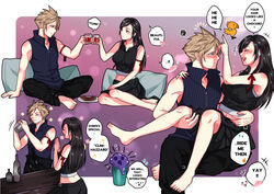  1boy alcohol apron arm_ribbon babigonice bare_shoulders barefoot black_hair black_shorts blonde_hair blue_eyes blush bottle breasts carrying chocobo cloud_strife cocktail_shaker counter couple crop_top cup drink drunk earrings embarrassed english_text feet female final_fantasy final_fantasy_vii final_fantasy_vii_advent_children high_collar holding holding_cup jewelry liquor long_hair midriff_peek navel pillow princess_carry red_eyes ribbon shorts sleeveless speech_bubble spiked_hair squeans straight text_focus tifa_lockhart waist_apron 