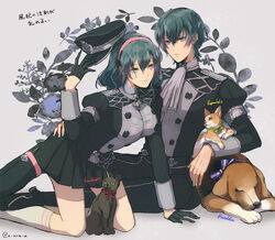  1boy black_gloves blue_eyes blue_hair byleth_(female)_(fire_emblem) byleth_(fire_emblem) byleth_(male)_(fire_emblem) canine closed_mouth commentary_request feline female fire_emblem fire_emblem:_three_houses garreg_mach_monastery_uniform gloves hairband hat high_heels highres holding holding_clothes holding_hat long_sleeves pink_hairband short_hair sitting socks u_arca_u uniform unworn_hat unworn_headwear 