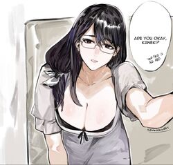  black_eyes black_hair breasts cleavage collarbone downblouse dress english_text female grey_dress hair_behind_ear hair_ribbon hanging_breasts highres kamishiro_rize large_breasts leaning_forward looking_at_viewer parted_lips ribbon solo speech_bubble tokyo_ghoul white_ribbon yourfreakyneighbourh 