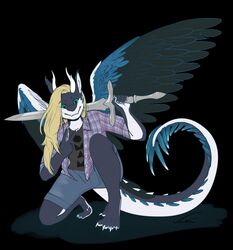  anthro clothed clothing dragon female gesture green_eyes hair hand_gesture hi_res horn melee_weapon mythological_creature mythological_scalie mythology reverse_v_sign scalie simple_background solo sword tail v_sign veevulpes weapon wings 