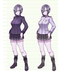  administrator_(crossover_nexus) alternate_costume breasts colored_skin commentary commission crossover_nexus_project crossover_nexus_series female full_body glasses highres isekai_monogatari_series large_breasts military military_uniform pointy_ears purple_eyes purple_hair purple_skin short_hair uniform yasu_suupatenin 