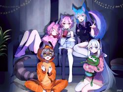  5girls :d ahoge animal_ear_fluff animal_ears asymmetrical_legwear black_legwear black_shirt blue_eyes boy&#039;s_club breasts brown_eyes cat_ears cat_girl character_doll commentary commission couch cup demon_horns drinking_straw drinking_straw_in_mouth english_commentary feet_out_of_frame floral_print full_body fur_trim head_on_another&#039;s_shoulder highres holding holding_cup hood hood_up hoodie horns indie_virtual_youtuber ironmouse ironmouse_(1st_costume) jacket kneehighs leaning_on_person long_hair long_sleeves looking_at_viewer medium_breasts mismatched_legwear multicolored_tail multiple_girls no_shoes nyatasha_nyanners nyatasha_nyanners_(1st_costume) off_shoulder on_couch open_mouth orange_eyes pepe_the_frog pink_hoodie pointy_ears purple_legwear raccoon_ears raccoon_girl raccoon_tail seiza shirt silvervale single_kneehigh single_sock single_thighhigh sitting sleeping smile snuffy_(vtuber) snuffy_(vtuber)_(1st_costume) socks tail tail_raised thighhighs twitter_username vei_(vtuber) vei_(vtuber)_(1st_costume) very_long_hair virtual_youtuber vshojo white_hair white_jacket white_thighhighs wolf_ears wolf_girl wolf_tail yuniiho 