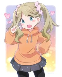  :d aqua_eyes bad_id bad_twitter_id black_pantyhose blonde_hair blush_stickers drawstring female gradient_background hand_on_own_hip hand_up heart hiro_hiroki hood hoodie inuyama_akari long_hair looking_at_viewer oerba_yun_fang open_mouth orange_hoodie pantyhose pleated_skirt polka_dot polka_dot_skirt scrunchie skin_fang skirt smile solo thick_eyebrows twintails v yurucamp 