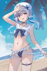  alternate_costume amane_kanata ass_visible_through_thighs asymmetrical_bangs asymmetrical_hair beach beret bikini blue_hair breasts choker colored_inner_hair day female frills grey_hair hair_over_one_eye hat hololive hopepe jewelry long_hair midriff multicolored_hair necklace official_alternate_hair_length official_alternate_hairstyle open_mouth outdoors purple_eyes ribbon single_hair_intake small_breasts solo swimsuit thigh_strap virtual_youtuber 