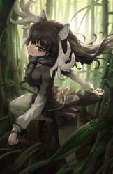  animal_ears antlers backlighting bamboo bamboo_forest brown_eyes brown_hair closed_mouth commentary day female floating_hair forest fur_scarf grass highres horns kemono_friends long_hair long_sleeves melaton miniskirt moose_(kemono_friends) moose_antlers moose_ears moose_girl moose_tail nature outdoors pantyhose running scarf skirt smile solo sweater tail water water_drop 