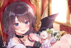  ahoge bare_shoulders blue_eyes blush bouquet brown_hair collar demon_girl demon_horns demon_wings female flower highres horns indie_virtual_youtuber long_hair looking_at_viewer nono_i831 nureba_shua open_mouth smile solo swept_bangs virtual_youtuber wings 