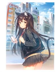  absurdres akihabara_(tokyo) amd animal_ears bag billboard blazer blue_sky blush brown_eyes brown_hair building buttons cat_ears cat_girl cat_tail cellphone cloud cloudy_sky commentary day eshi_100_nin_ten female highres holding jacket laox logo long_hair long_sleeves looking_at_viewer open_mouth original outdoors phone pleated_skirt real_world_location scan school_bag school_uniform shiny_skin skirt sky solo tail toshiba translated yuuki_hagure 