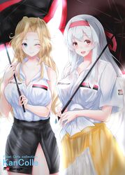  2girls :d ;) absurdres alternate_costume black_skirt blonde_hair blue_eyes breast_pocket breasts brown_eyes cleavage commentary_request copyright_name cowboy_shot gr hairband highres holding holding_umbrella hornet_(kancolle) kantai_collection large_breasts long_hair looking_at_viewer multiple_girls muneate one_eye_closed open_mouth pencil_skirt pocket race_queen red_hairband shamo_(ptwmjgda) shirt shoukaku_(kancolle) simple_background skirt sleeveless sleeveless_shirt smile tied_shirt umbrella white_background white_hair white_shirt yellow_skirt 