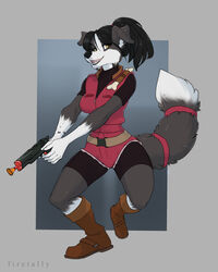  2022 4:5 5_fingers anthro biped black_hair black_nose breasts canid canine canis capcom chloe_(abananaman) claire_redfield clothed clothing cosplay costume digital_media_(artwork) domestic_dog female fingers firetally fur grey_body grey_fur gun hair hi_res holding_gun holding_object holding_ranged_weapon holding_weapon mammal open_mouth ranged_weapon resident_evil smile solo teeth tongue weapon 