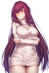  absurdres black_panties blush breast_hold breasts check_commentary closed_mouth collar commentary commentary_request crossed_arms fate/grand_order fate_(series) female hair_between_eyes highres large_breasts long_hair long_sleeves looking_at_viewer lun7732 panties pantyshot photoshop_(medium) purple_hair red_eyes ribbed_sweater scathach_(fate) simple_background solo standing straight_hair sweater thighs turtleneck turtleneck_sweater underwear white_background white_sweater 