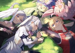  armor blonde_hair blue_eyes braid breasts crown_braid curly_hair dress gloves green_fur hair_ornament head_wings highres jacket juliet_sleeves kino_(xenoblade) large_breasts long_hair long_sleeves looking_at_viewer medium_breasts melia_antiqua mirin. nene_(xenoblade) nopon o-ring pink_fur puffy_sleeves short_dress shulk_(xenoblade) siblings sisters smile tyrea_(xenoblade) white_hair wings xenoblade_chronicles:_future_connected xenoblade_chronicles_(series) xenoblade_chronicles_1 