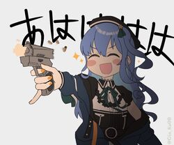  2zibure ^_^ asymmetrical_hair beret black_hat black_shirt blue_hair blue_jacket blush blush_stickers choker closed_eyes collared_shirt commentary female firing flat_chest green_ribbons grey_background gun handgun hat holding holding_gun holding_weapon hololive hoshimachi_suisei hoshimachi_suisei_(casual) jacket laughing long_hair motion_blur muzzle_flash nail_polish neck_ribbon off_shoulder official_alternate_costume official_alternate_hair_length official_alternate_hairstyle one_side_up open_clothes open_jacket open_mouth orange_nails pinky_out ribbon shell_casing shirt short_sleeves simple_background smile solo sparkle translated twitter_username upper_body virtual_youtuber weapon wing_collar 